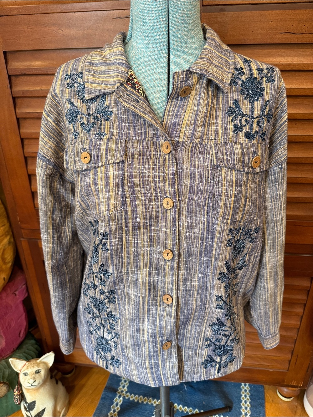 Young Threads Embroidered cotton Striped Blue Button-Front Jean Jacket